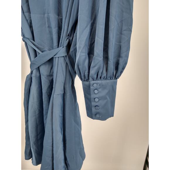 Eloquii Dress Plus 24 Mini Satin Wrap Puff Sleeve Ruffle Tie Waist Blue NWT - Picture 6 of 10